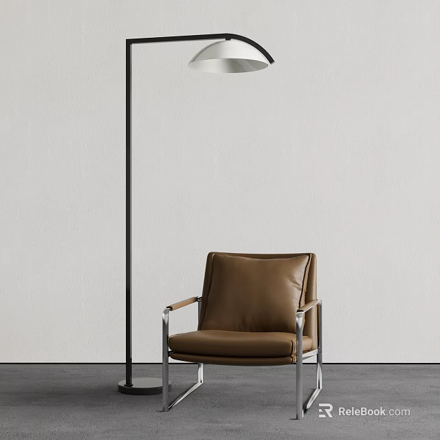 Modern Floor Lamp With Brown Leather Chair Against White Wall And Gray Floor 3d model 