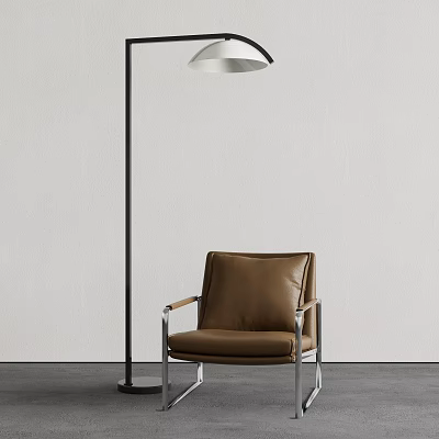 Modern Floor Lamp With Brown Leather Chair Against White Wall And Gray Floor 3d model