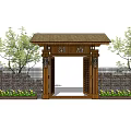 Traditional Wooden Entrance Gate of Cha Fu Featuring Thatched Roof Decorative Fence and Green Plants