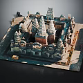 Ancient Traditional Temple Complex Model Featuring Multiple Spires Square Layout And Stone Carvings