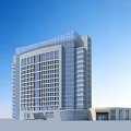 Modern Office Building With Glass Curtain Wall Curved Design And Podium Entrance