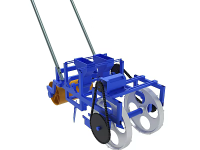 Blue Agricultural Seeder Machine With Wheels And Metal Frame Components 3d model