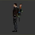 Man In Leather Jacket With Tactical Gear Knee Pads And Rifle On Back