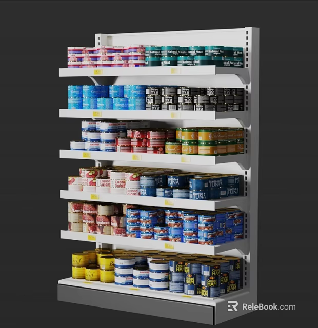 Retail Display Shelf With Multiple Layers Of Organized Canned Goods In Various Colors 3d model 