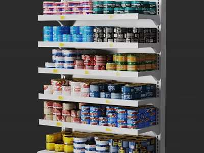 Retail Display Shelf With Multiple Layers Of Organized Canned Goods In Various Colors 3d model