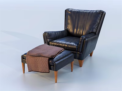 Black Leather Single Seater Sofa with Ottoman Brown Blanket and Wooden Legs 3d model