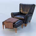 Black Leather Single Seater Sofa with Ottoman Brown Blanket and Wooden Legs