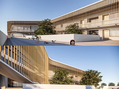 Modern School Building With Curved Design Golden Metal Strips Trees And Spacious Outdoor Area 3d model
