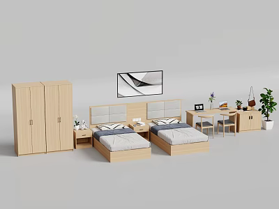Two Single Beds Light Wood Frame With Grey Upholstered Headboard Wardrobe Desk Wall Art And Plant 3d model