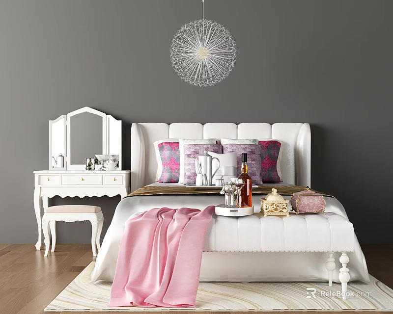 Double Bed With White Headboard Pink Purple Pillows Dressing Table Grey Wall And Wooden Floor 3d model 