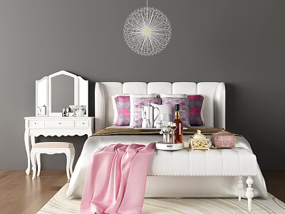 Double Bed With White Headboard Pink Purple Pillows Dressing Table Grey Wall And Wooden Floor 3d model