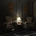 Elegant Leisure Sofa Set With Beige Armchairs Carved Details Side Table And Gold Patterned Walls