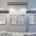 Chinese Style Garden Ornaments With Carved Screens White Wall Stone Decor And Roof Eaves