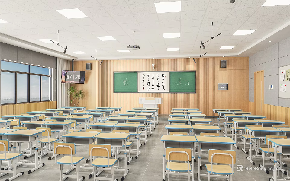 School Classroom Interior Design With Desks Chairs Blackboard Chinese Calligraphy And Windows 3d model 