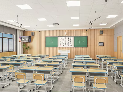 School Classroom Interior Design With Desks Chairs Blackboard Chinese Calligraphy And Windows 3d model