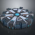 Circular Futuristic Device with Modular Components and Blue Central Hub in Modern Technological Equipment Design