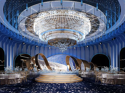 Modern Blue Banquet Hall With Large Crystal Chandelier Central Stage Dining Tables And Elegant Decorations 3d model