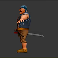 3D Cartoon Style Muscular Character With Blue Hat Beard Arm Tattoos Waist Tools Arms Outstretched