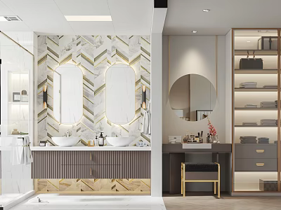 Luxury Modern Bathroom Interior With Double Sinks Marble Wall Round Mirror And Storage 3d model