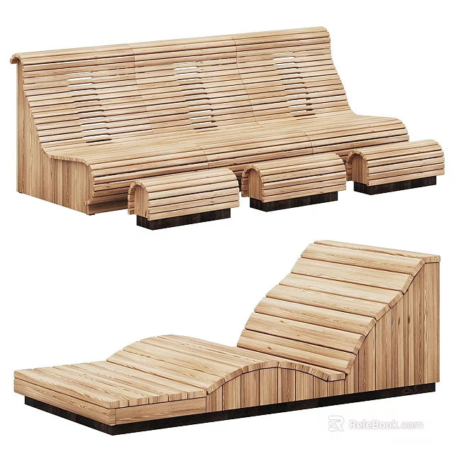 Wooden Outdoor Chair With Slatted Design And Multiple Styles Including Bench And Lounge 3d model 