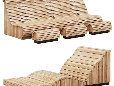 Wooden Outdoor Chair With Slatted Design And Multiple Styles Including Bench And Lounge 3d model