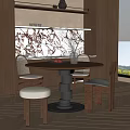 Modern Round Dining Table Set With Wooden Chairs Marble Backsplash And Decorative Vase