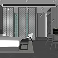 Modern Hotel Room With White Bed Gray Herringbone Flooring Black Partition Wall TV And Desk