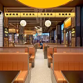 Modern Stylish Restaurant Interior With Circular Ceiling Lights Neon Decor And Comfortable Booth Seats