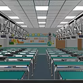 Bright Modern Laboratory Interior With Green Lab Tables Hanging Equipment And Overhead Lights