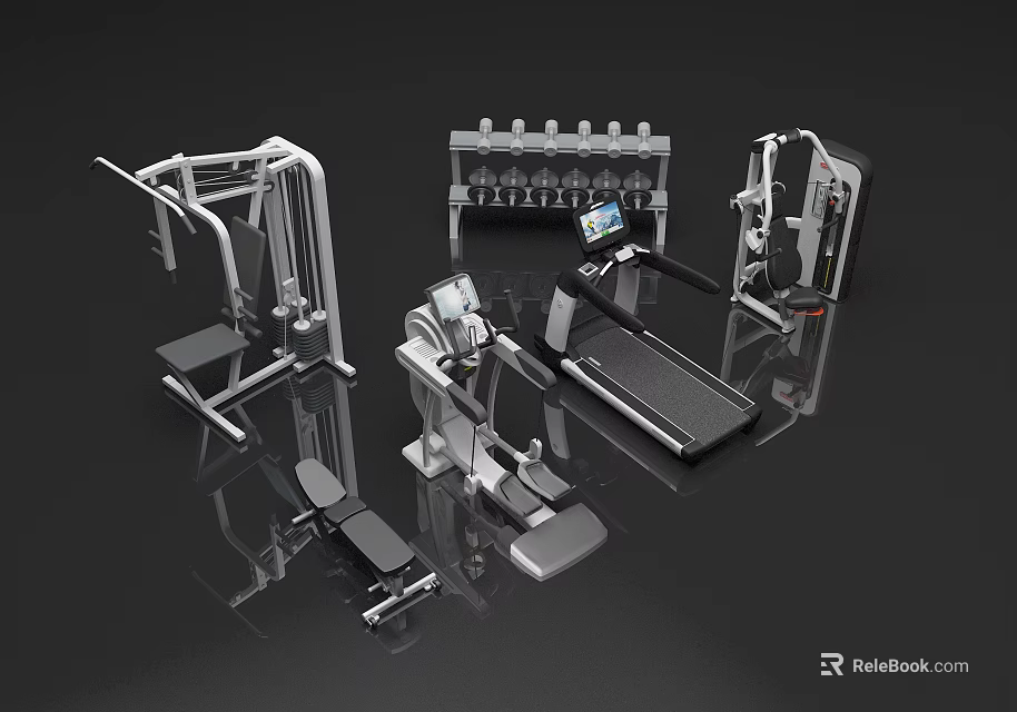 High Quality Modern Fitness Equipment Including Treadmill Dumbbell Rack And Weight Machines 3d model 