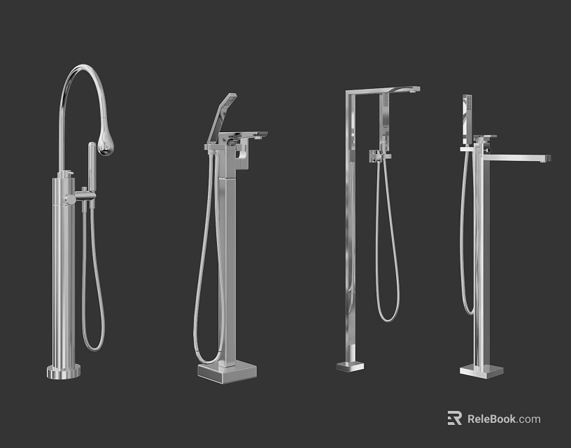 Modern Standing Shower Faucets In Chrome Finish With Different Designs 3d model