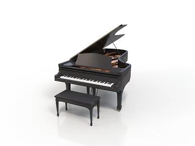 Black Grand Piano With Matching Black Bench On White Background As Household Item 3d model