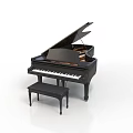 Black Grand Piano With Matching Black Bench On White Background As Household Item
