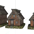 Cartoon Scenic Japanese Traditional Thatched Roof Wooden Houses With Stone Base