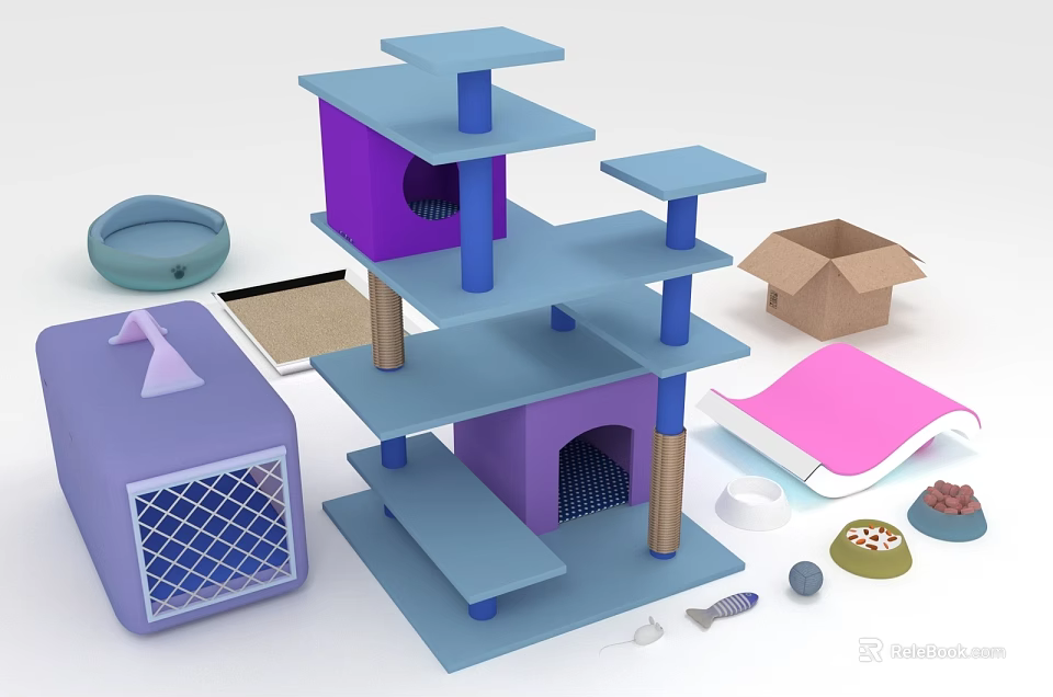 Multi Level Blue Purple Cat Tree with Scratching Pad Bed Toys and Accessories 3d model 