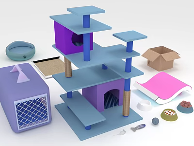 Multi Level Blue Purple Cat Tree with Scratching Pad Bed Toys and Accessories 3d model