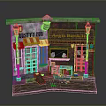 Vintage Pub And Bank Storefront With Red Door Striped Awning Street Lamps And Vending Machine