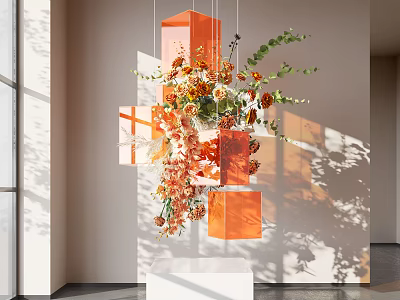 Orange Floral Installation With Geometric Decor And Light Shadow Effect In Modern Indoor Space 3d model