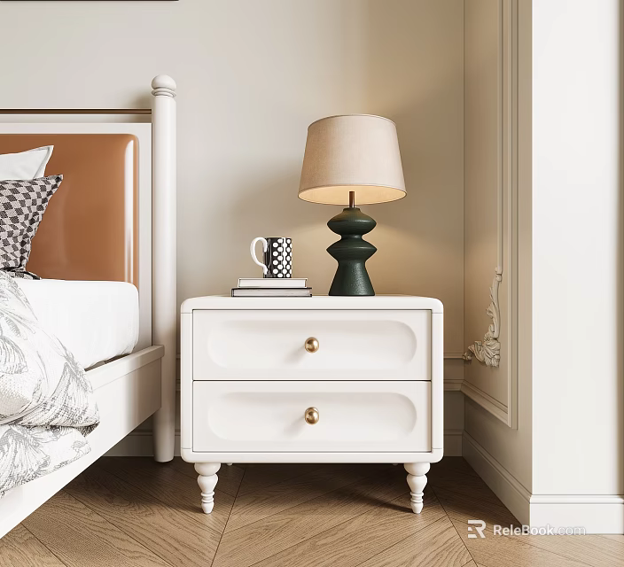 White Bedside Nightstand Featuring Two Drawers Gold Knobs Green Table Lamp Mug And Books 3d model