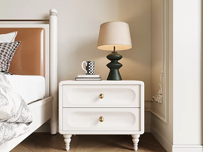 White Bedside Nightstand Featuring Two Drawers Gold Knobs Green Table Lamp Mug And Books 3d model