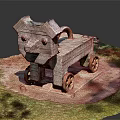 Wooden Dog Shaped Toy Cart With Wheels On Green Grass Field