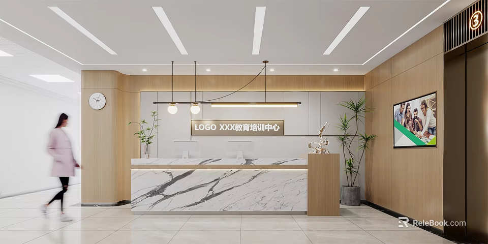 Elegant Reception Desk in Language Training Center with Marble Countertop Wooden Walls and Green Plants 3d model 