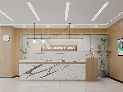 Elegant Reception Desk in Language Training Center with Marble Countertop Wooden Walls and Green Plants 3d model
