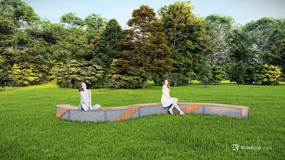 Curved Landscape Seats in Lush Green Grass With Trees Where People Sit And Relax 3d model 