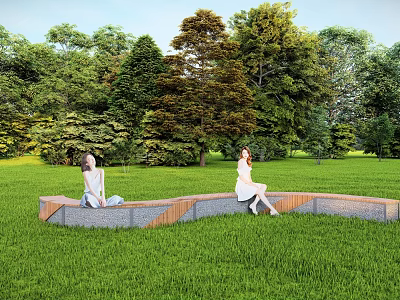 Curved Landscape Seats in Lush Green Grass With Trees Where People Sit And Relax 3d model