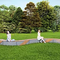 Curved Landscape Seats in Lush Green Grass With Trees Where People Sit And Relax
