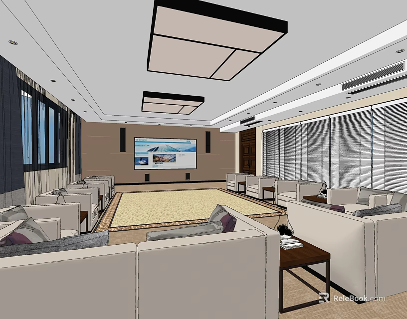 Spacious Modern Hotel Public Lounge Area With Comfortable Sofas Coffee Tables And Large Screen TV 3d model