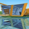 Modern Pavilion Design With Geometric Structure Glass Facade And Waterfront Green Area