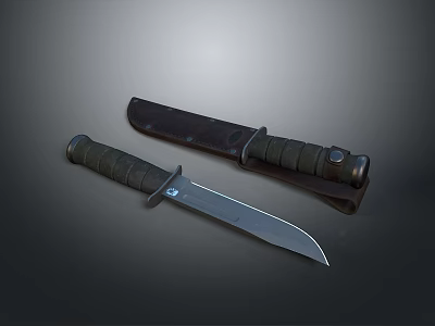 Durable Tactical Knife With Sharp Stainless Steel Blade Textured Handle And Protective Leather Sheath 3d model