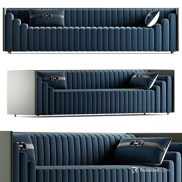 Blue Velvet Vertical Tufted Sectional Sofa With Metal Armrests And Decorative Pillows 3d model 
